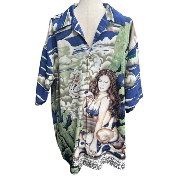 Vintage 90s DragonFly Hawaiian Retro shirt XL wood buttons pin up bikini snake - Picture 1 of 11